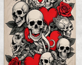 May include: A cream-colored blanket featuring a gothic design with multiple skulls, red hearts, and roses. The skulls are in shades of gray and white, with red accents. The design includes a dagger and decorative elements.
