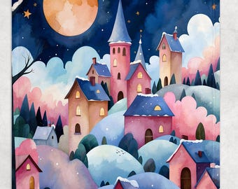 Christmas Village Blanket, Pastel Winter Village Throw Blanket, FleecePlush Blanket, Winter Design
