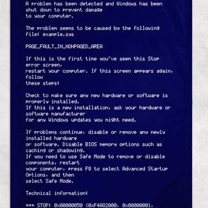May include: A dark blue blanket featuring white text that mimics the Windows 'Blue Screen of Death'. The text provides error messages and instructions for resolving computer issues, including technical information.
