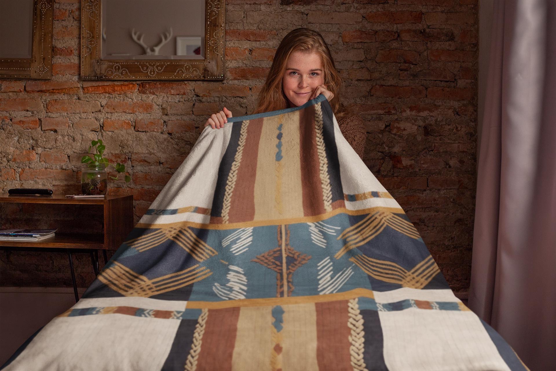 Navajo Inspired Chief Blanket with Ochre - Black & White Striped