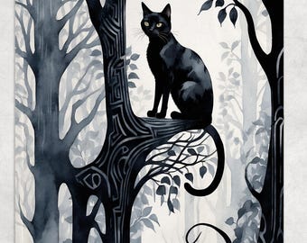 May include: A black cat with yellow eyes sits on a tree branch in a watercolor forest scene. The artwork features a grayscale color palette with detailed tree trunks and foliage, creating a mystical atmosphere.