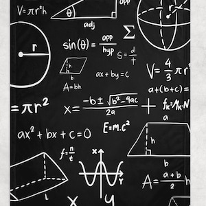 May include: Black throw blanket with white mathematical formulas and geometric shapes. Equations include formulas for area, volume, and trigonometric functions. The blanket has a chalkboard-like appearance.