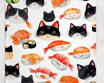 May include: White blanket featuring a repeating pattern of cartoon sushi and black cat faces. The sushi includes nigiri with orange salmon and shrimp, and various maki rolls. The cats have black fur, with some having white markings.