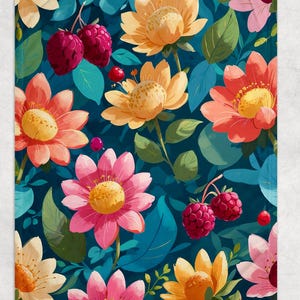 May include: A floral pattern featuring colorful flowers and berries on a dark teal background. The design includes pink, yellow, and orange flowers with green leaves and red berries. This pattern is suitable for textiles and home decor.