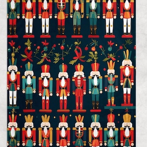 May include: A navy blue blanket featuring a repeating pattern of colorful nutcracker soldiers. The nutcrackers are dressed in red, green, gold, and blue uniforms with white accents. Decorative floral elements are interspersed throughout the design.