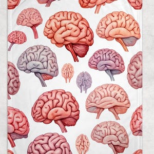 May include: A white blanket featuring a repeating pattern of watercolor-style human brain illustrations in shades of pink, red, and purple. The brains vary in size and orientation, creating a dynamic and educational design.
