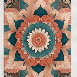 Fleece Blanket Bloom Mandala Teal, Coral, Cream, Gold Design - Luxurious & Cozy Throw, Home Decor, Statement Piece, Warm