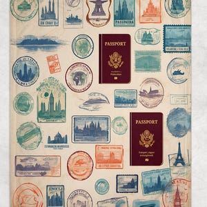 Travel Passport Stamps Blanket, Wanderlust Fleece Throw, Adventure, World Map Bedspread, Globe Explorer Bedding, Traveler Gift