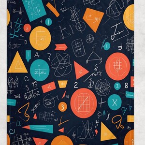 May include: A dark navy blanket featuring a repeating pattern of orange, teal, and yellow geometric shapes and mathematical symbols. The design includes circles, triangles, and handwritten equations. The blanket has a soft appearance.