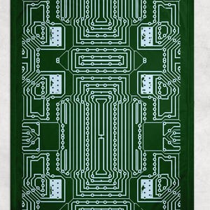May include: A green blanket featuring a white circuit board design. The pattern includes lines, rectangles, and circles, creating a tech-inspired aesthetic. The blanket is rectangular and has a soft, inviting appearance.