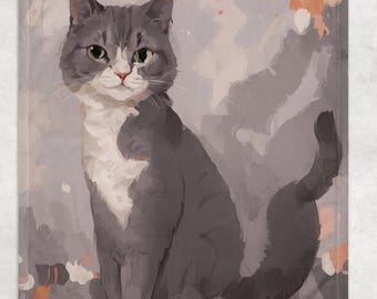 May include: A gray and white cat with green eyes sits on a light gray background with orange and pink watercolor splatters. The cat is looking directly at the viewer.