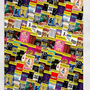 May include: A vibrant blanket displaying a collage of Playbill covers from numerous West End musicals, such as "Matilda," "Annie," and "Phantom of the Opera." The design is a mix of bright colours and show titles.