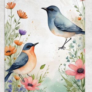 Whimsical Bird and Wildflower Light Fleece Blanket, Bird Blanket, Soft Bird Blanket