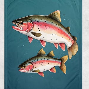Vintage Rainbow Trout Fleece Blanket | Rustic Retro Cabin Lodge Decor | Fishing | Lake House Decor | Fly Fishing Throw Gift