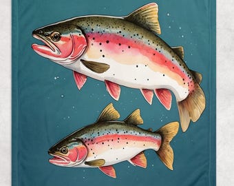 Vintage Rainbow Trout Fleece Blanket | Rustic Retro Cabin Lodge Decor | Fishing | Lake House Decor | Fly Fishing Throw Gift