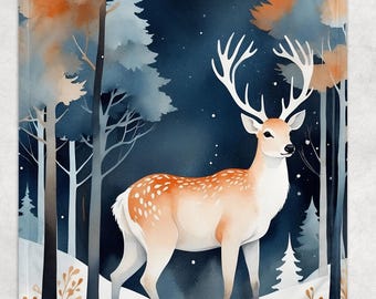 Scandinavian Winter Folk Art, Vintage Nordic Art, Deer in Forest Scandi Christmas Design look Fleece Blanket