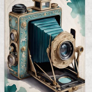 May include: An antique camera with a teal and gold finish. The camera features a bellows design and multiple lenses. The image has a vintage aesthetic, with a watercolor background.