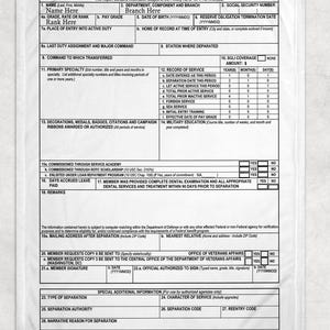 May include: A white rectangular blanket featuring a black and white print of a DD Form 214 Certificate of Release or Discharge from Active Duty. The document includes various fields for personal information, service records, and military details.