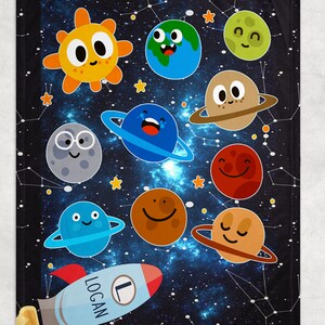 Couverture personnalisée du nom du système solaire - Couverture Minky personnalisée avec impression Galaxy et Rocket