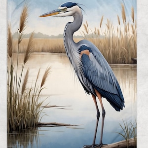 May include: A heron, depicted in shades of blue and grey, perches on a log in a tranquil wetland. The bird's long beak is prominent, set against a backdrop of reeds and still water. The style is reminiscent of a watercolour painting, with a pale blue sky.