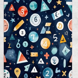 May include: A dark blue background with a watercolor pattern of numbers, geometric shapes, and symbols. The numbers are in circles and range from 1 to 9. The geometric shapes include triangles and rectangles. The symbols include plus signs, minus signs, and multiplication signs.