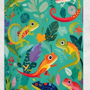 May include: A teal blanket featuring a vibrant illustration of colorful lizards and tropical foliage. The lizards are depicted in shades of green, red, orange, and blue, with detailed patterns. The design includes various leaves and flowers.