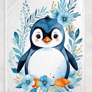 Penguin Baby Blanket - Light Blue Floral Minky Throw Blanket for Cute Bird Animal Lovers, Penguin Lover Home Decor, Flower Mothers Day Gift