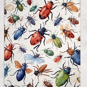 May include: A white background with a repeating pattern of colorful beetles. The beetles are drawn in a watercolor style and feature various colors, including red, green, blue, and black.
