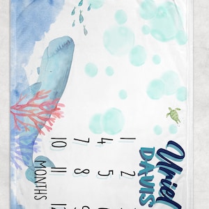 Under the Sea Baby Milestone Blanket, Whale Baby Blanket, Ocean Nursery, Boy Milestone, Track Baby Growth, Personalized Boy Growth Blanket