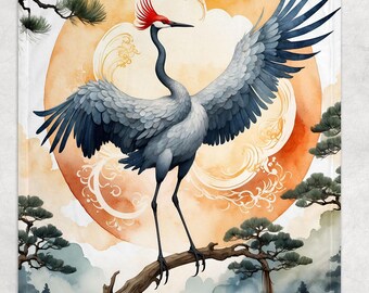 Japanese Crane Fleece Blanket: Asian Art Fleece Throw