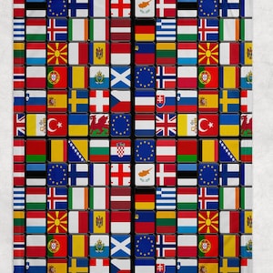 May include: A rectangular blanket featuring a mosaic of various national flags. Each flag is displayed within a square, creating a colorful and diverse pattern. The flags represent countries from around the world, showcasing a variety of colors and designs.