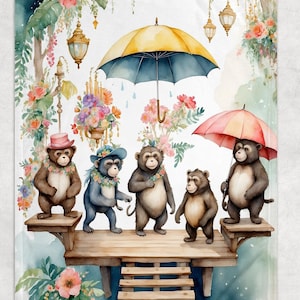 May include: A whimsical watercolor illustration of five anthropomorphic monkeys on a wooden platform, each wearing hats and flower garlands. One monkey holds a red umbrella, another a yellow umbrella. The background features floral arrangements and hanging lanterns.