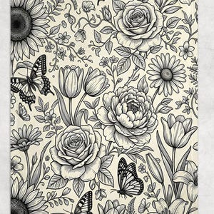 May include: A rectangular blanket featuring a cream-colored background with a dense, black-ink line art pattern of various flowers including roses, sunflowers, tulips, and daisies, interspersed with several detailed butterflies throughout the design.