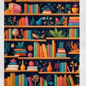 May include: A decorative blanket featuring a colorful illustration of a bookshelf. The design includes rows of books in various colors, potted plants, and decorative objects against a dark blue background. The shelves are a warm orange color.