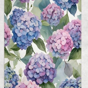 May include: A floral pattern featuring watercolor-style hydrangea blooms in shades of purple, pink, and blue, with green leaves. The design is repeated across the surface, creating a soft, artistic aesthetic.