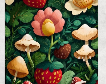 Cottagecore Red Strawberry Mushroom Blanket Cozy Whimsical Throw Farmhouse Decor | Retro Maximalist Berry Fungi Vintage Aesthetic Home Gift