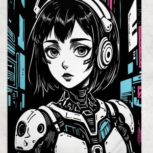 May include: Black and white illustration of a female cyborg with short hair, wearing headphones. The artwork has a futuristic theme, with blue and pink accents in the background, suggesting a cityscape.