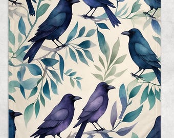 Ravens Fleece Blanket, Crow Lover Throw Blanket, Gothic Home Decor, Bird Watching Gift, Animal Print, Halloween