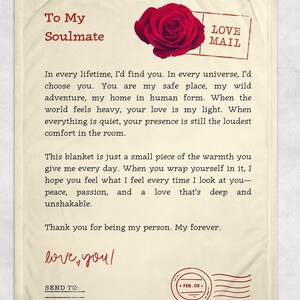 Manta con carta de amor para mi alma gemela: regalo romántico para ella en Navidad, San Valentín, aniversario o simplemente porque sí