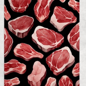 May include: A watercolor-style pattern featuring various cuts of raw red meat against a black background. The meat cuts vary in shape and size, with white marbling and edges. The design is repeated across the surface, creating a butcher shop or food-themed pattern.