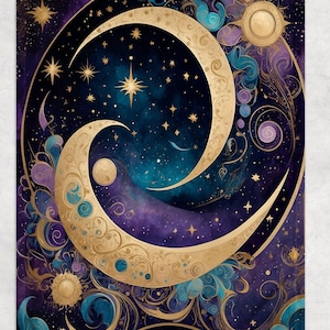 May include: A celestial-themed artwork featuring a swirling design of gold crescent moons, stars, and suns against a deep blue and purple galaxy background. Intricate details and swirling patterns create a mystical and artistic aesthetic.