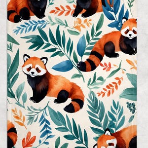 May include: A cream-colored blanket featuring a repeating pattern of red pandas and watercolor-style leaves. The red pandas have orange fur, black legs, and a black and orange striped tail. The leaves are in shades of green, blue, and orange.