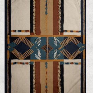May include: A rectangular textile with a geometric pattern. The design features vertical stripes in cream, brown, and navy blue, accented with woven and braided details. A central diamond motif in teal and brown adds visual interest. The edges are framed with a dark teal border.
