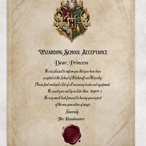 May include: A rectangular beige blanket featuring a printed Wizarding School Acceptance letter. The design includes a crest with an owl, a lion, a snake, a badger, and an eagle, black text, and a red wax seal at the bottom on a parchment-like background.