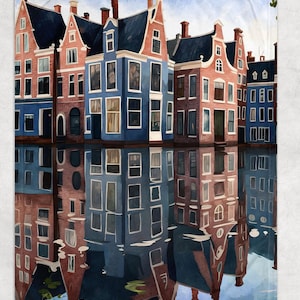 Delft Blue Dutch Canal Houses throw blanket ,  Fleece Blanket, Beautiful Holland homes design. 50 x 60 or 60 x 80 inch