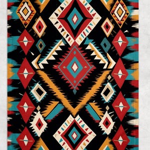 May include: A vibrant textile featuring a geometric pattern in black, red, turquoise, yellow, and cream. The design includes diamond and zigzag shapes, creating a bold, eye-catching aesthetic. This textile is suitable for various home decor applications.