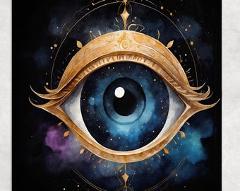 May include: A celestial-themed illustration featuring a large eye with a starry galaxy iris, framed by a gold, ornate brow. The background is a dark, watercolor wash with hints of purple and blue, and gold accents.