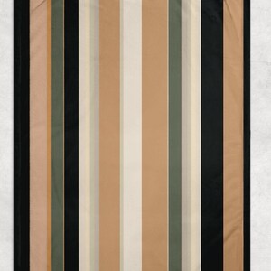 May include: A rectangular throw blanket with vertical stripes in various colors. The stripes include black, tan, olive green, cream, and peach. The blanket has a soft, textured appearance and is suitable for home decor.