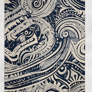 May include: A navy blue and cream-colored patterned textile featuring swirling, geometric designs. The artwork has a tribal or Polynesian aesthetic, with intricate lines and shapes creating a complex visual texture.