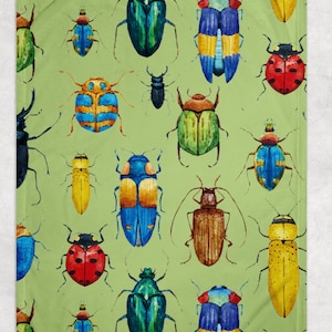 Beetle Fleece Throw Blanket in Green Summer Field - Boho Colorful Home Deco - Artwork for Home Apartment Living Room
